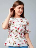 White Floral Print Women Top
