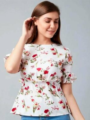 White Floral Print Women Top