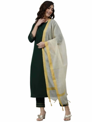 Women Dark Green Kurta Set With Dupatta