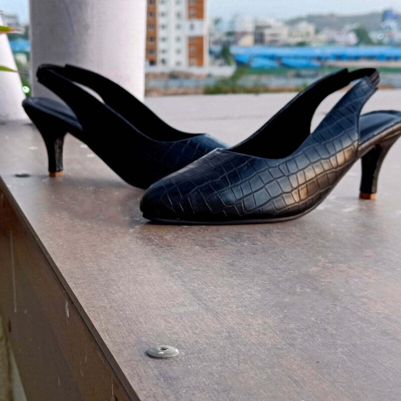 Women Black Croc Textured Heels