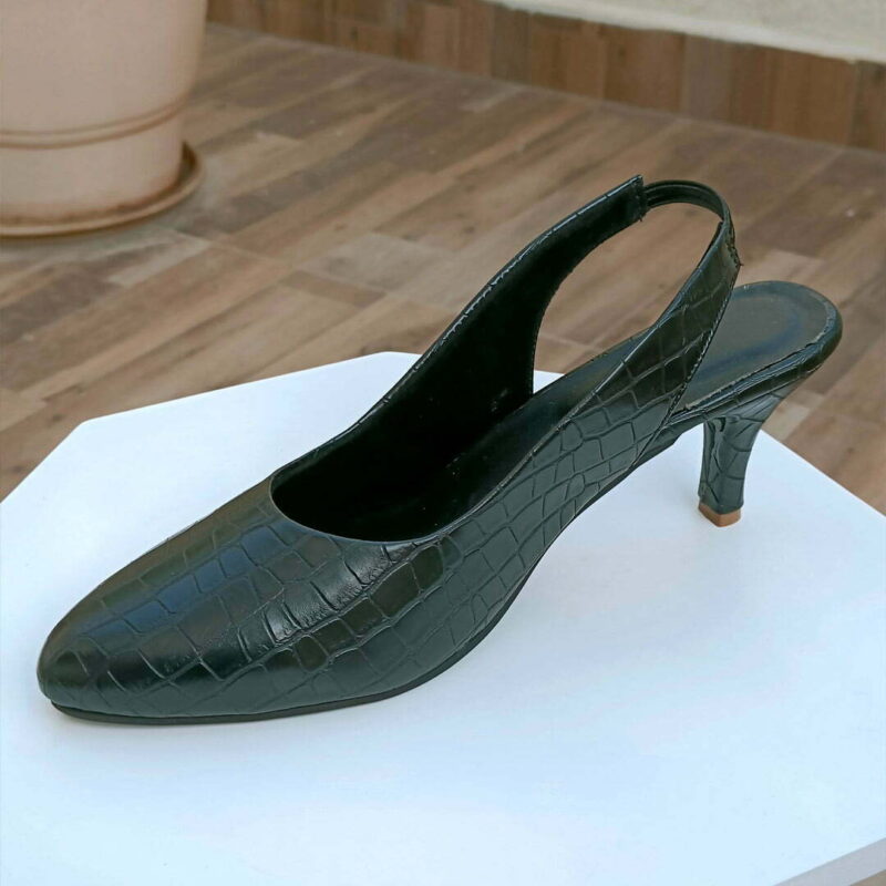 Women Black Croc Textured Heels - Image 2